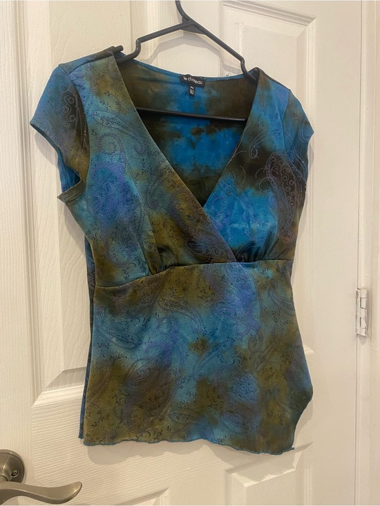 le chateau Tops - le chateau Teal-Blue Wrap-Front Paisley Women's Blouse